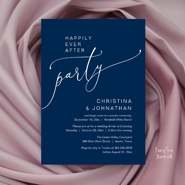 Glückliche Zeit Party, Moderne Empfangs Dinner Einladung (Happily Ever After Party, Modern Reception Dinner Invitation Card in Navy Blue)