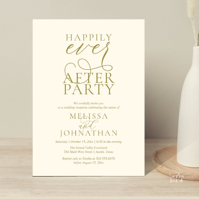 Glückliche-Zeit-Party, stilvolle Hochzeitsfeier Einladung (Happily Ever After Party, Classy Wedding Reception Modern Dinner Invitation Card PDF Yellow Gold)