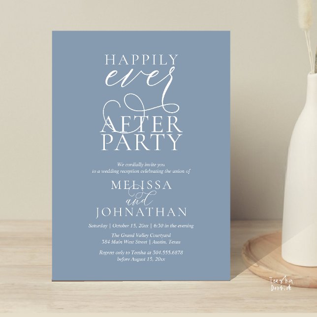 Glückliche-Zukunft-Party, stilvolle Hochzeitsfeier Einladung (Happily Ever After Party, Classy Wedding Reception Modern Dinner Invitation Card PDF Dusty Blue)