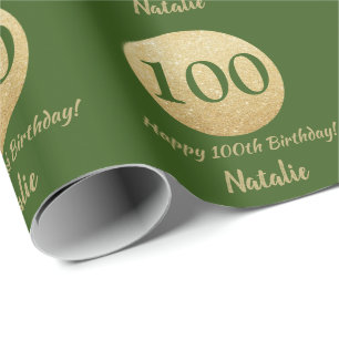 Glücklicher 100. Geburtstag Grün und Gold Glitzer Geschenkpapier