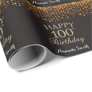 Glücklicher 100. Geburtstag Schwarz und Gold Glitz Geschenkpapier