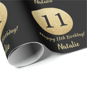 Glücklicher 11. Geburtstag Schwarz und Gold Glitz Geschenkpapier