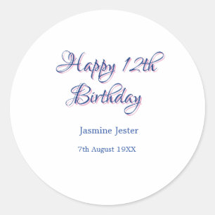 glücklicher 12. Geburtstag blau pink Name Datum ei Runder Aufkleber