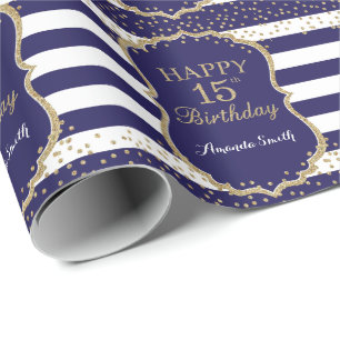 Glücklicher 15. Geburtstag Gold Glitzer und Navy B Geschenkpapier