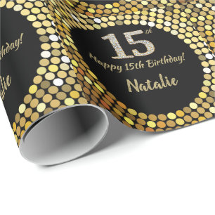 Glücklicher 15. Geburtstag Schwarz und Gold Glitz Geschenkpapier