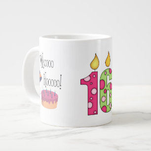 Glücklicher 16. Geburtstag/Kerzen+Kuchen-Fertigen Jumbo-Tasse