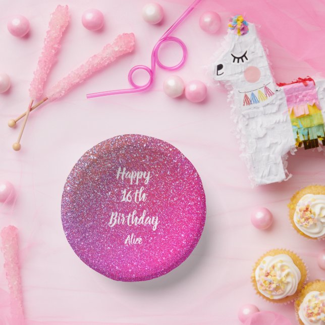 Glücklicher 16. Geburtstag Name Rosa Rose Gold Gli Pappteller (Party)
