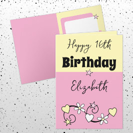 Glücklicher 16. Geburtstagsname Rosa gelb Karte