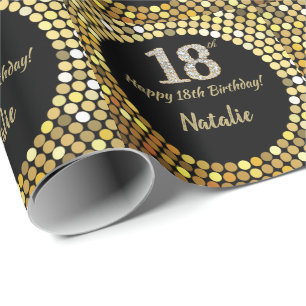 Glücklicher 18. Geburtstag Schwarz und Gold Glitz Geschenkpapier