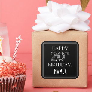 GLÜCKLICHER 20. GEBURTSTAG; Art-Déco-Stil; Individ Quadratischer Aufkleber