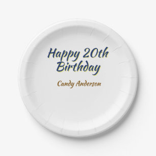 glücklicher 20. Geburtstag blau gelb einfach minim Pappteller