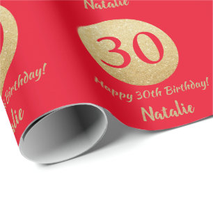 Glücklicher 30. Geburtstag Rot und Gold Glitzer Geschenkpapier