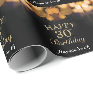 Glücklicher 30. Geburtstag Schwarz und Gold Glitz Geschenkpapier