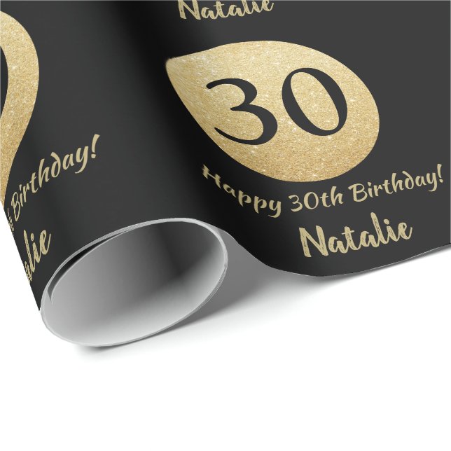 Glücklicher 30. Geburtstag Schwarz und Gold Glitze Geschenkpapier (Rolleneckpunkt)