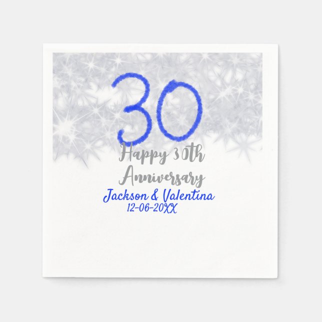 Glücklicher 30. Hochzeitstag Silberblauer Glitzer Serviette (Vorderseite)