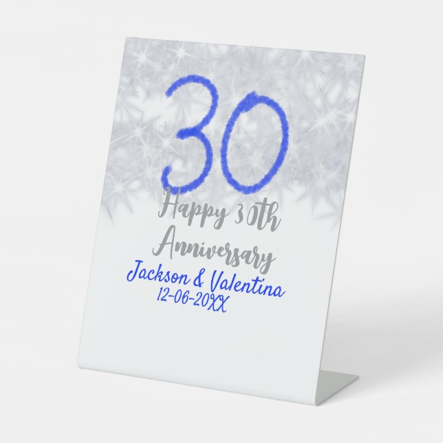Glücklicher 30. Hochzeitstag Silberblauer Glitzer Sockelschild (Vorderseite)