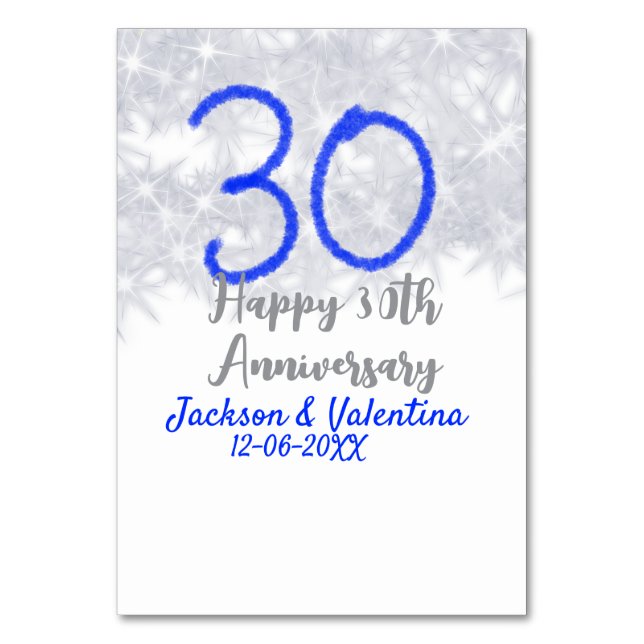 Glücklicher 30. Hochzeitstag Silberblauer Glitzer Tischnummer (Vorderseite)