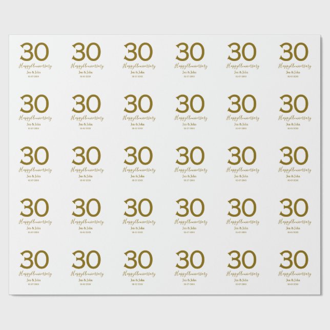 Glücklicher 30-jähriger Jubiläumsname Datum golden Geschenkpapier (Flach)