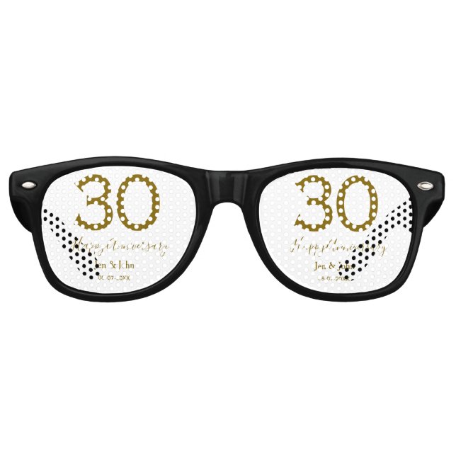 Glücklicher 30-jähriger Jubiläumsname Datum golden Partybrille (Vorderseite)