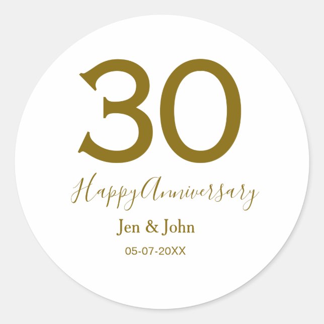 Glücklicher 30-jähriger Jubiläumsname Datum golden Runder Aufkleber (Vorderseite)
