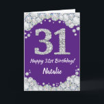 Glücklicher 31. Geburtstag Lila und Silberner Glit Karte<br><div class="desc">Happy 31. Geburtstag Lila und Silver Glitzer Card mit personalisiertem Namen. Für weitere Anpassungen klicken Sie bitte auf die Schaltfläche "Anpassen" und verwenden Sie unser Designwerkzeug,  um diese Vorlage zu ändern.</div>