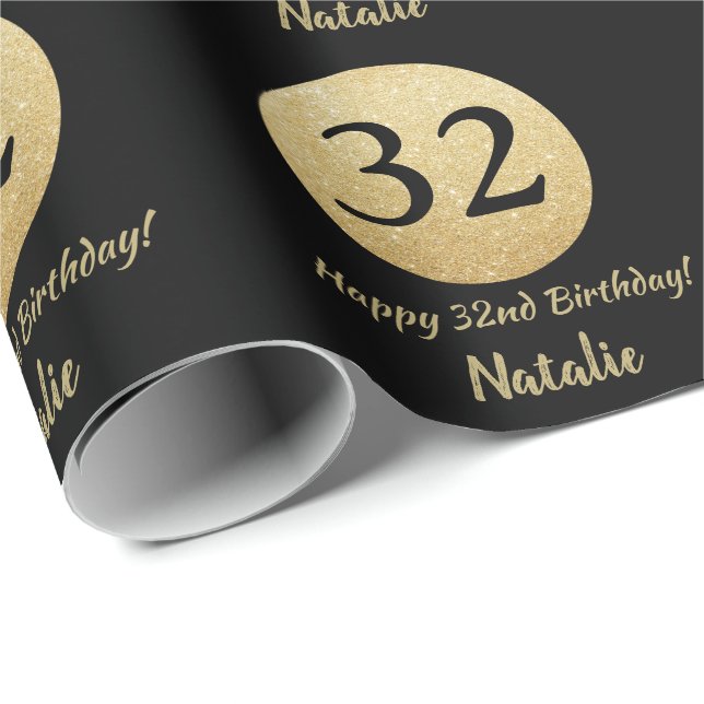 Glücklicher 32. Geburtstag Schwarz und Gold Glitze Geschenkpapier (Rolleneckpunkt)