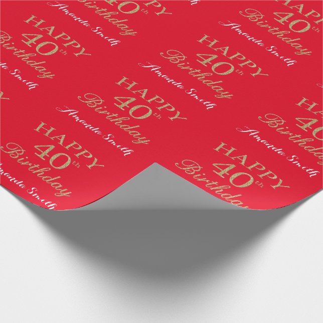 Glücklicher 40. Geburtstag Gold Glitzer und Rot Geschenkpapier (Ecke)