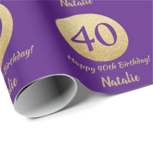 Glücklicher 40. Geburtstag Lila und Gold-Glitzer Geschenkpapier