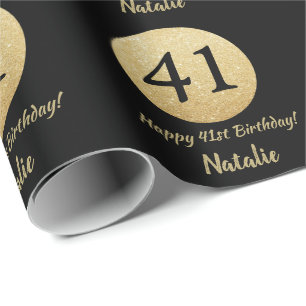 Glücklicher 41. Geburtstag Schwarz und Gold Glitz Geschenkpapier