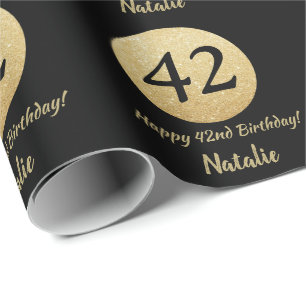 Glücklicher 42. Geburtstag Schwarz und Gold Glitze Geschenkpapier