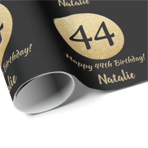 Glücklicher 44. Geburtstag Schwarz und Gold Glitz Geschenkpapier