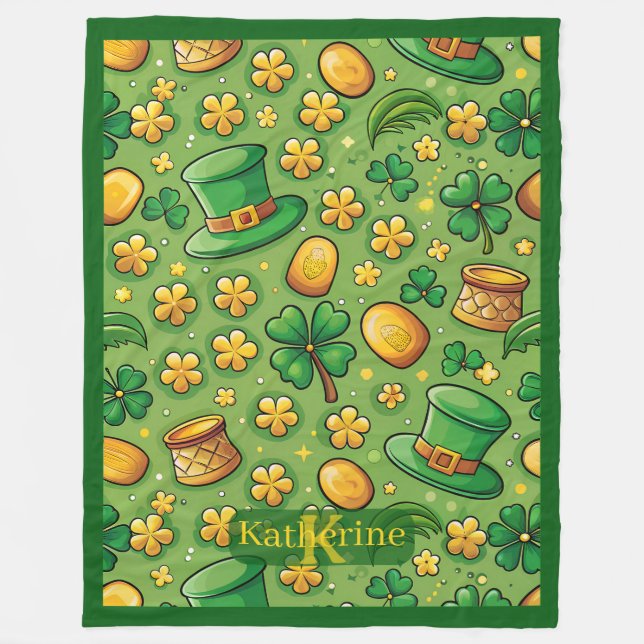 Glücklicher 4-Blatt-Klee Shamrock Topf mit Gold Ir Fleecedecke (Vorderseite)