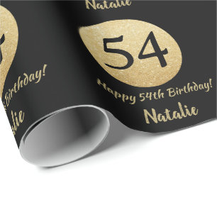 Glücklicher 54. Geburtstag Schwarz und Gold Glitze Geschenkpapier