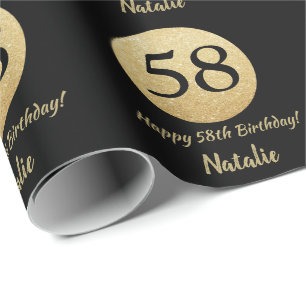 Glücklicher 58. Geburtstag Schwarz und Gold Glitz Geschenkpapier