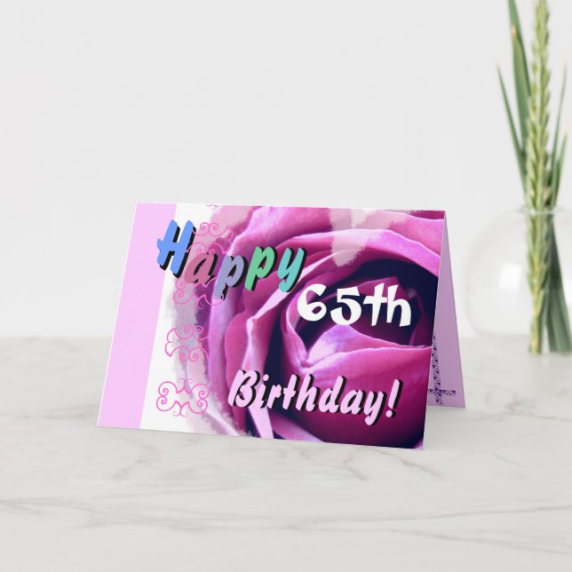 GLÜCKLICHER 65. GEBURTSTAG mit rosa Rose & blauer  Karte (Vorderseite)