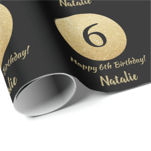 Glücklicher 6. Geburtstag Schwarz und Gold Glitze Geschenkpapier