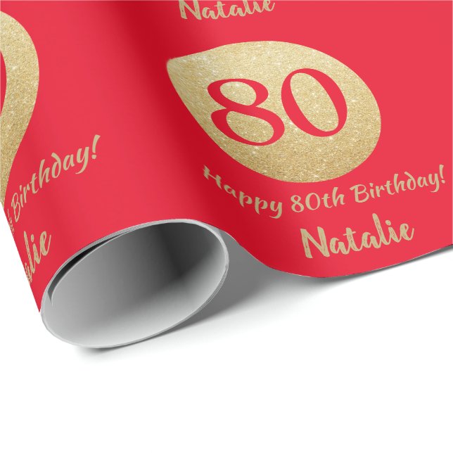 Glücklicher 80. Geburtstag Rot und Gold Glitzer Geschenkpapier (Rolleneckpunkt)