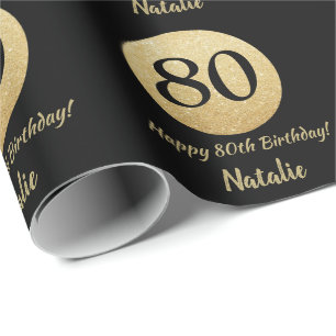 Glücklicher 80. Geburtstags-Schwarz-Gold-Glitzer Geschenkpapier