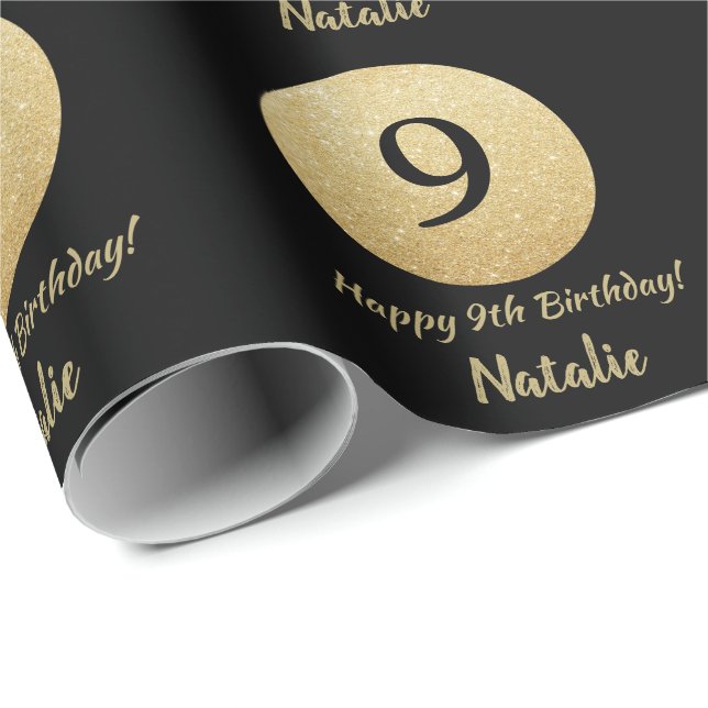 Glücklicher 9. Geburtstag Schwarz und Gold Glitzer Geschenkpapier (Rolleneckpunkt)