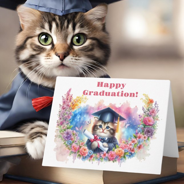 Glücklicher Abschluss mit wenig Kätzchen! Karte (Paws-itively purr-fect: Celebrate graduation with feline flair and floral charm!)