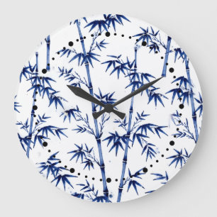 Glücklicher Bambus im Imari-Stil Blau Weiß Große Wanduhr