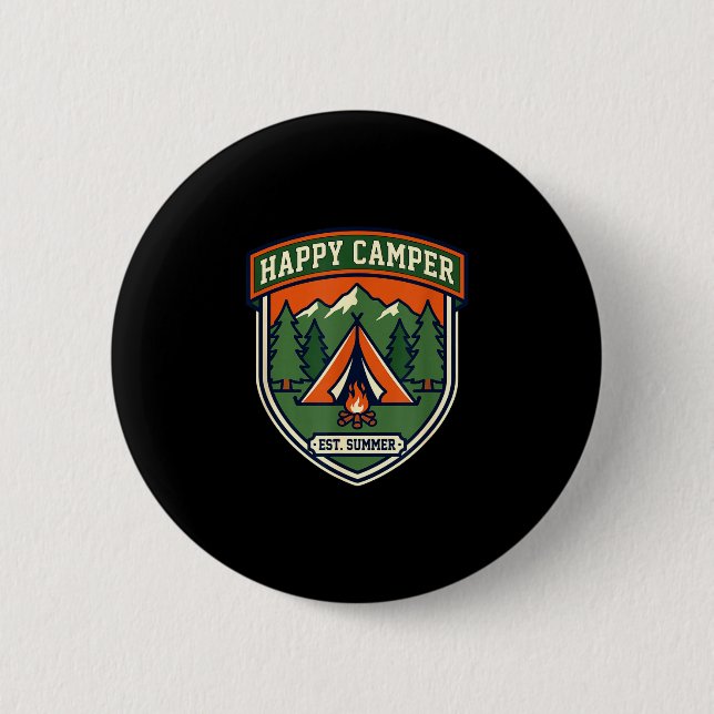 Glücklicher Camper-Abzeichen Zelt Berg Lagerfeuer  Button (Vorderseite)