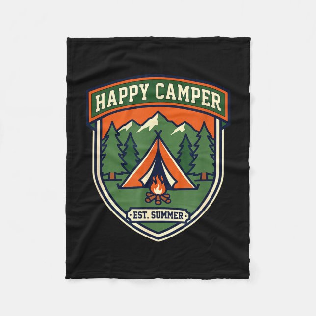 Glücklicher Camper-Abzeichen Zelt Berg Lagerfeuer  Fleecedecke (Vorderseite)