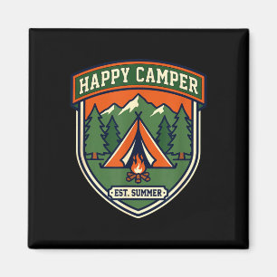 Glücklicher Camper-Abzeichen Zelt Berg Lagerfeuer Magnet