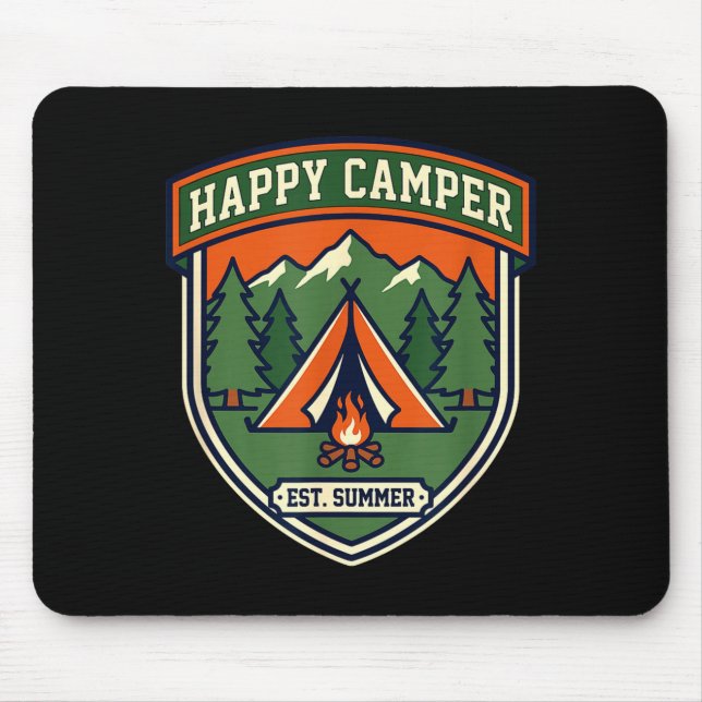 Glücklicher Camper-Abzeichen Zelt Berg Lagerfeuer  Mousepad (Vorne)