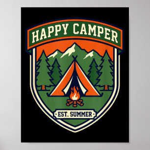 Glücklicher Camper-Abzeichen Zelt Berg Lagerfeuer Poster