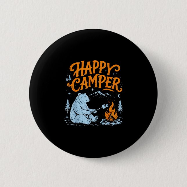 Glücklicher Camper-Bär, der Marshmallows röstet De Button (Vorderseite)