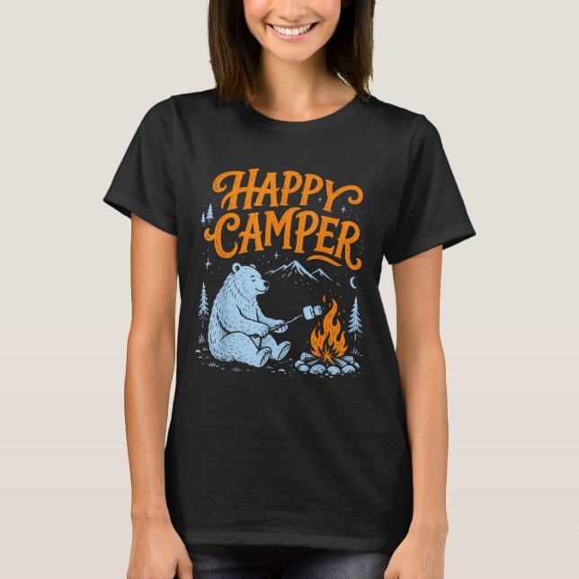 Glücklicher Camper-Bär röstet Marshmallows-Design  T-Shirt (Vorderseite)
