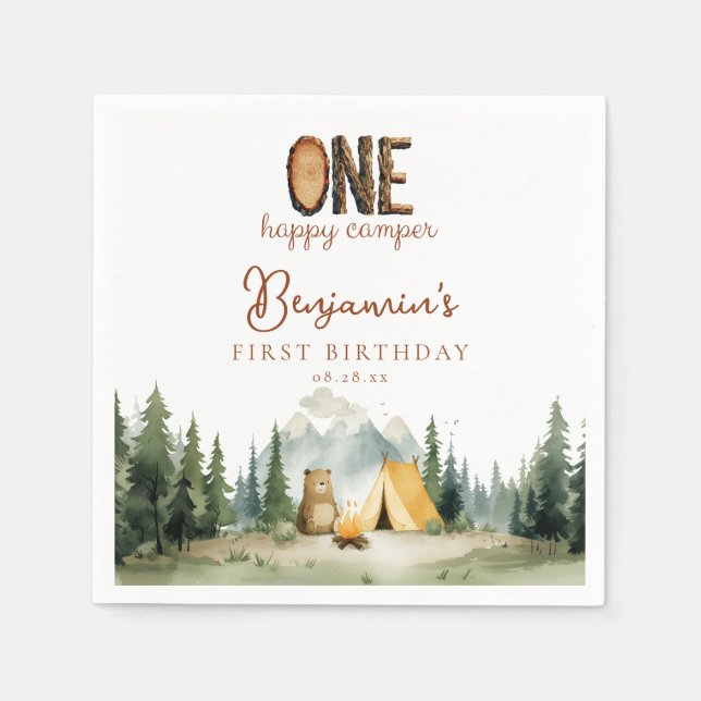 Glücklicher Camper Teddy Bär 1. Geburtstag Serviette (Vorderseite)