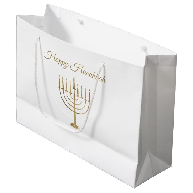 Glücklicher Chanukka-Imitat-GoldMenorah Große Geschenktüte (Vorderseite Schrägansicht)